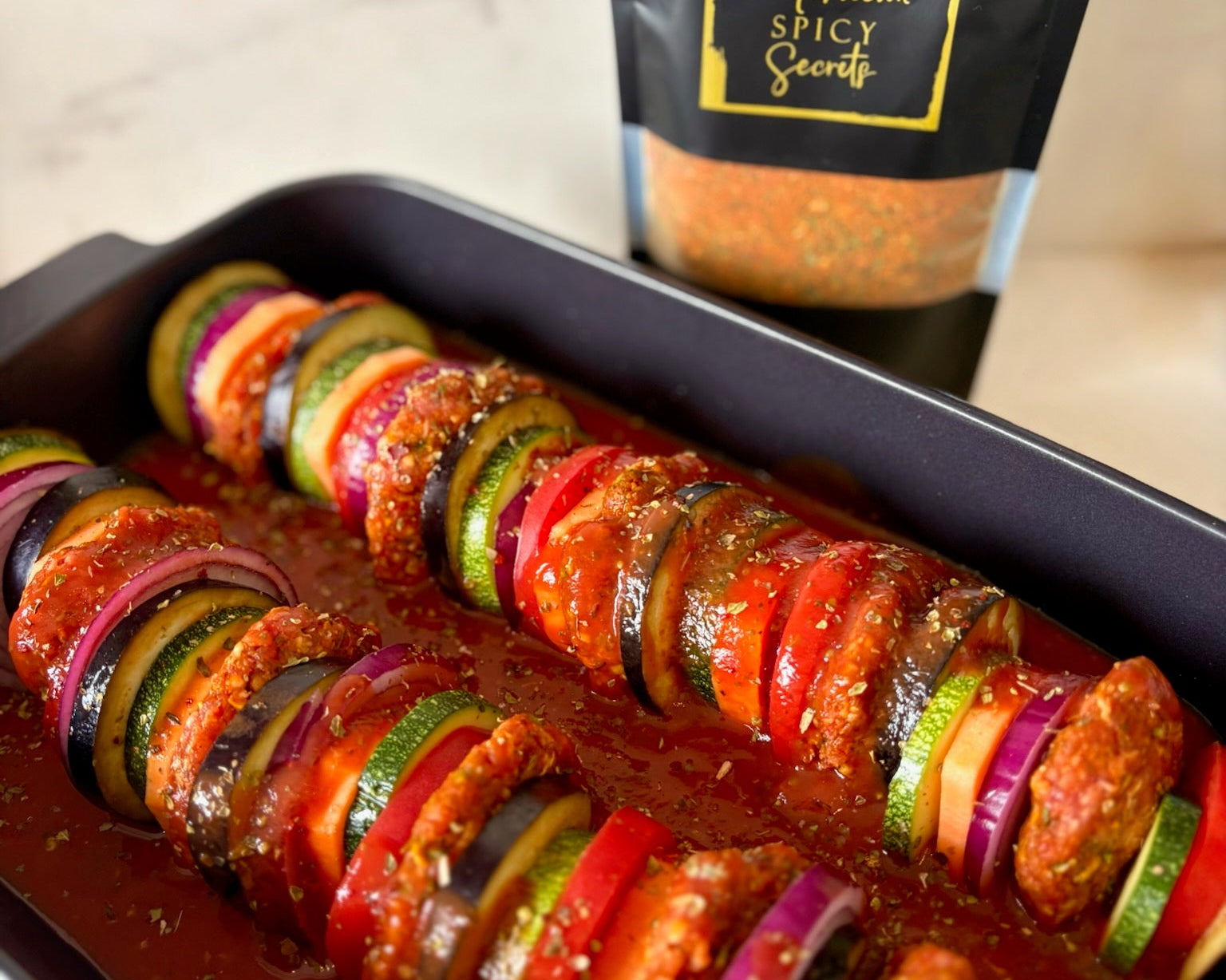 Ovenschotel met kefta, groenten en tomatensaus van Moroccan Spicy Secrets